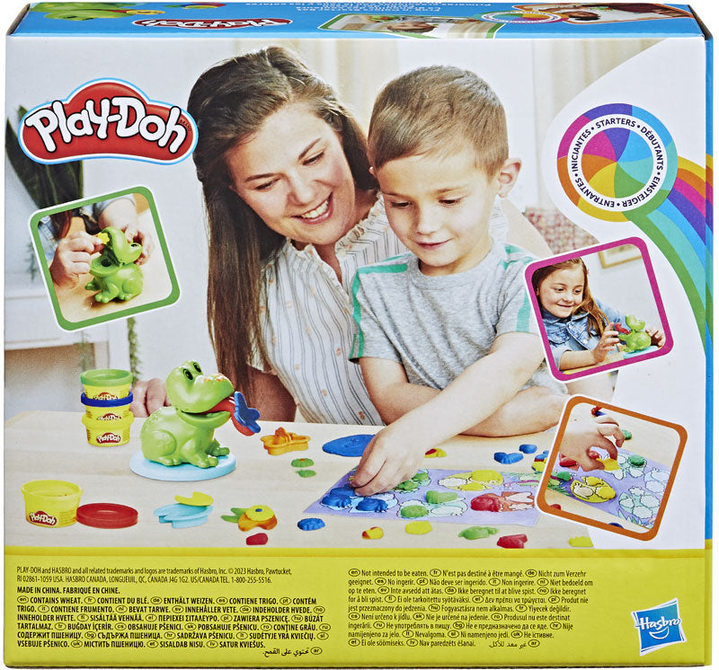 Play-Doh toy set packaging with children playing and colorful Play-Doh containers.