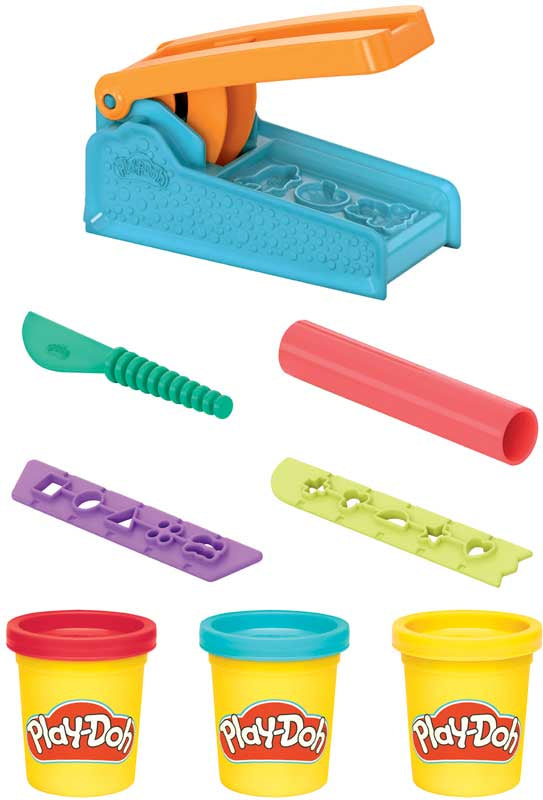 Play-Doh tool set with colorful containers and tools on a white background