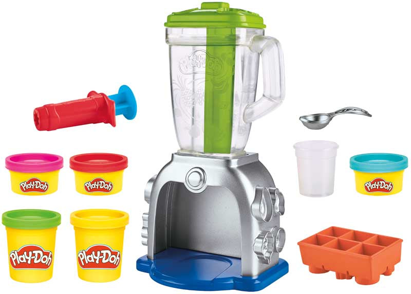Toy blender set with Play-Doh containers and accessories on a white background