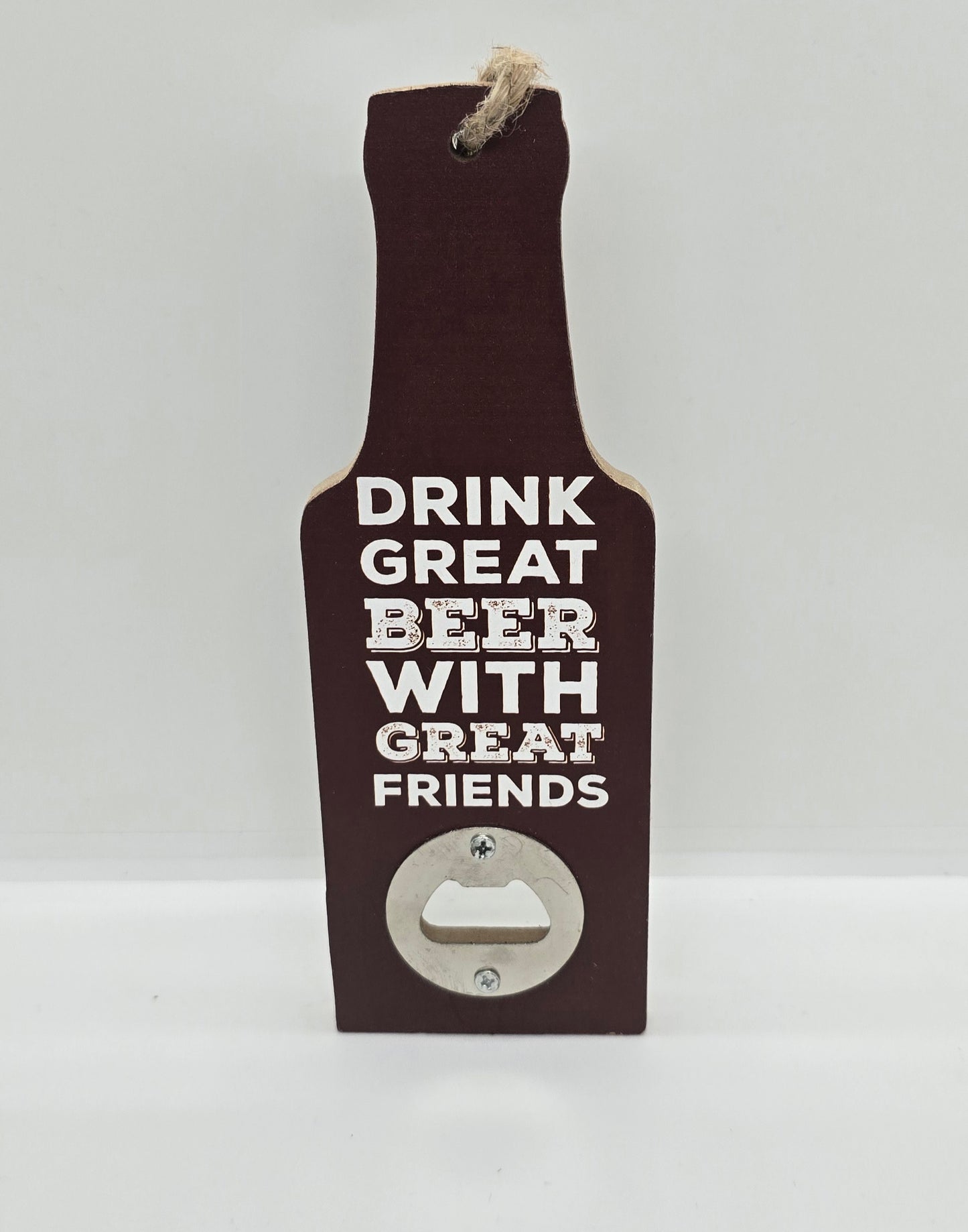 Two wooden hanging beer bottle-shaped bottle openers in a brown colour with text "Drink great beer with great friends" on a white background
