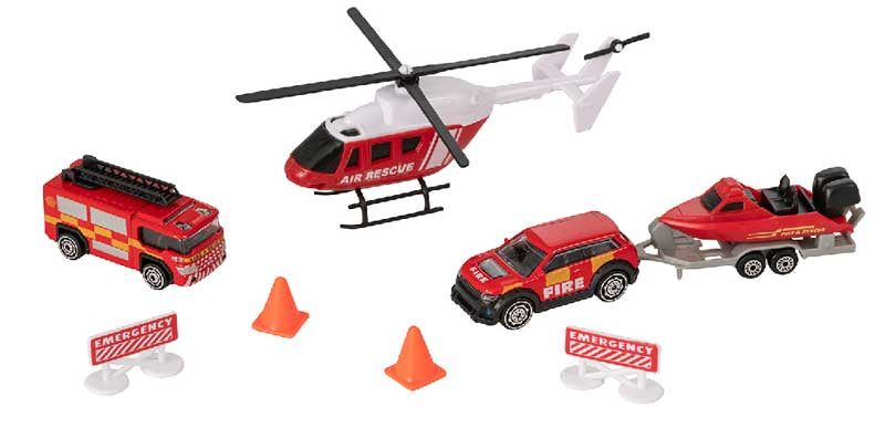 Toy set with a helicopter, fire truck, and rescue vehicle on a white background