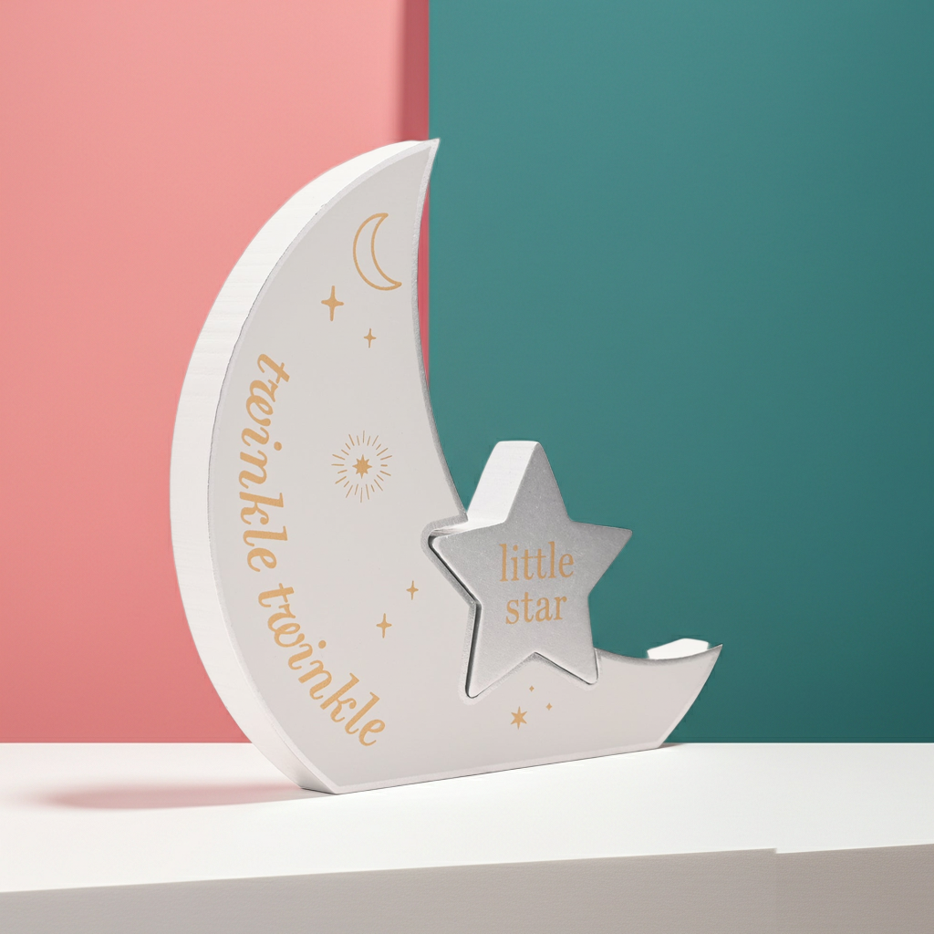 Decorative whit moon and star ornament with 'twinkle twinkle little star' Gold text, star can be removed. golden stars and moon also printed on design