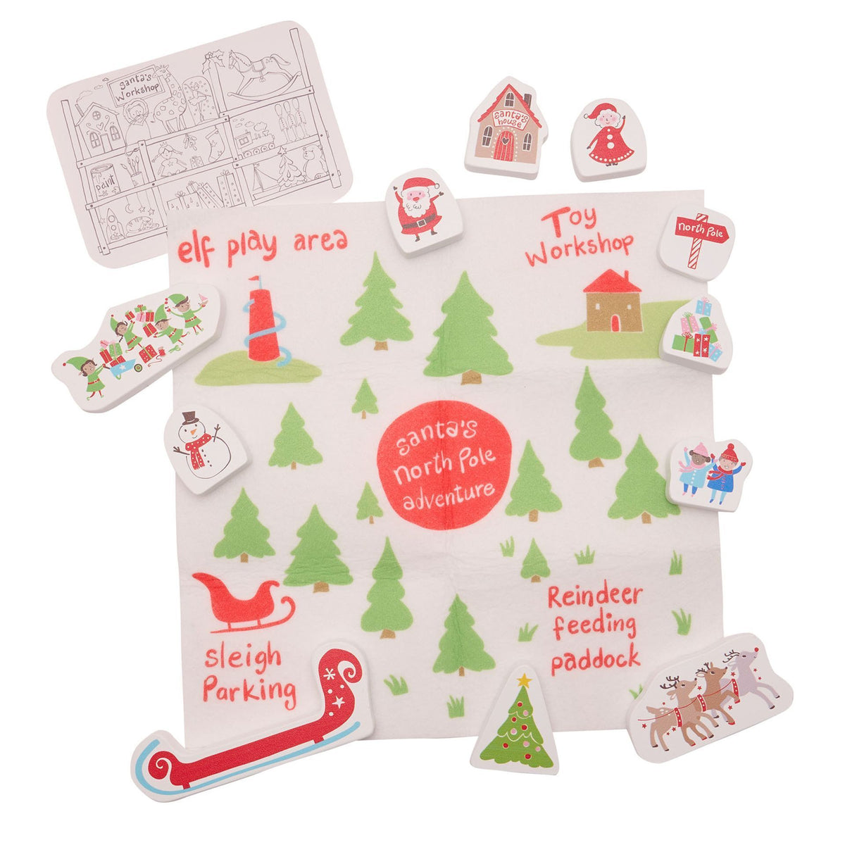 Christmas-themed play mat with magnetic pieces on a white background
