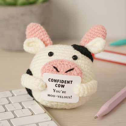 A crocheted cow plush toy sitting on a desk, holding a sign that reads 'CONFIDENT COW YOU'RE MOO-VELOUS!'. The plush has a white body with black patches and pink inner ears and snout.