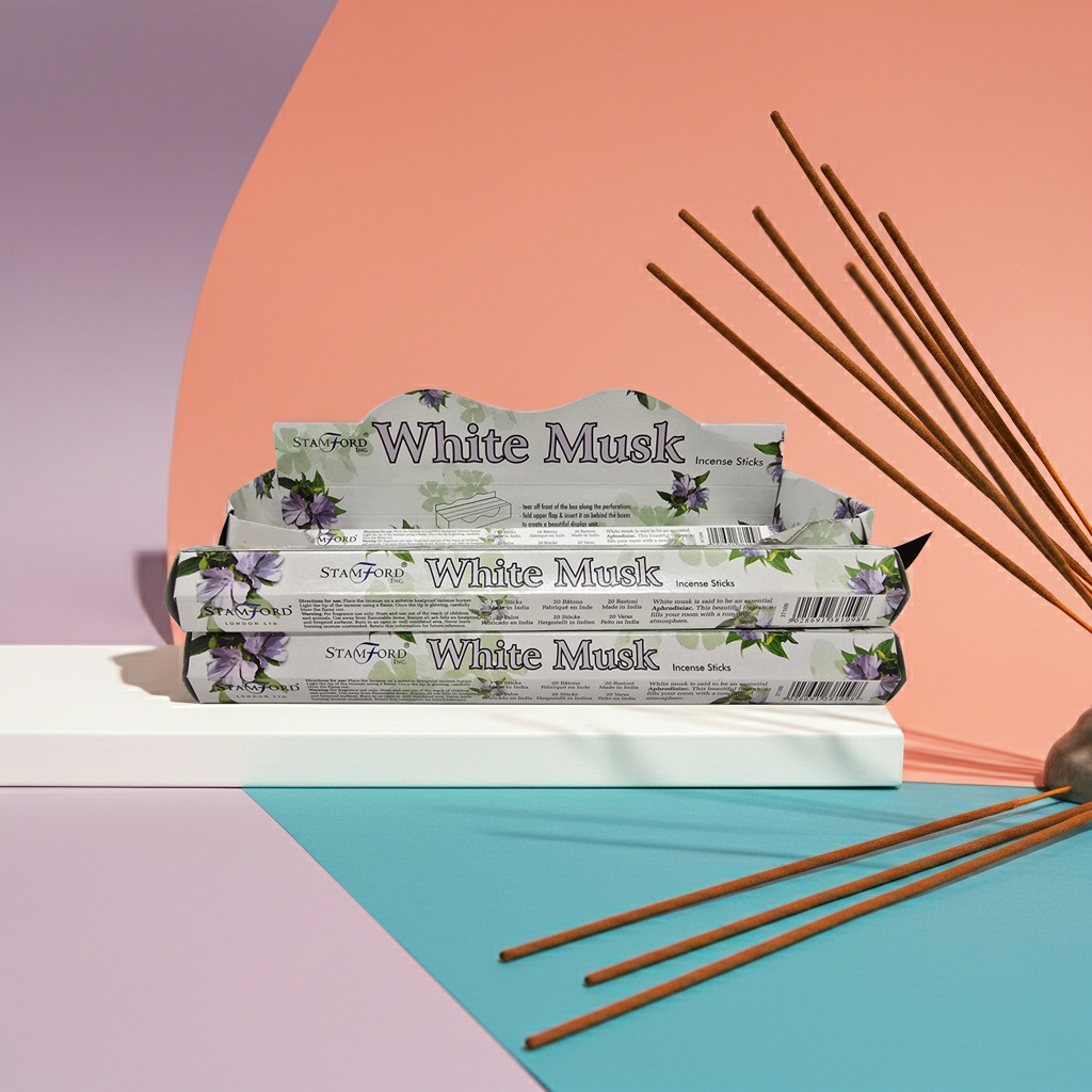 White Musk incense sticks packaging with incense sticks on a colorful background