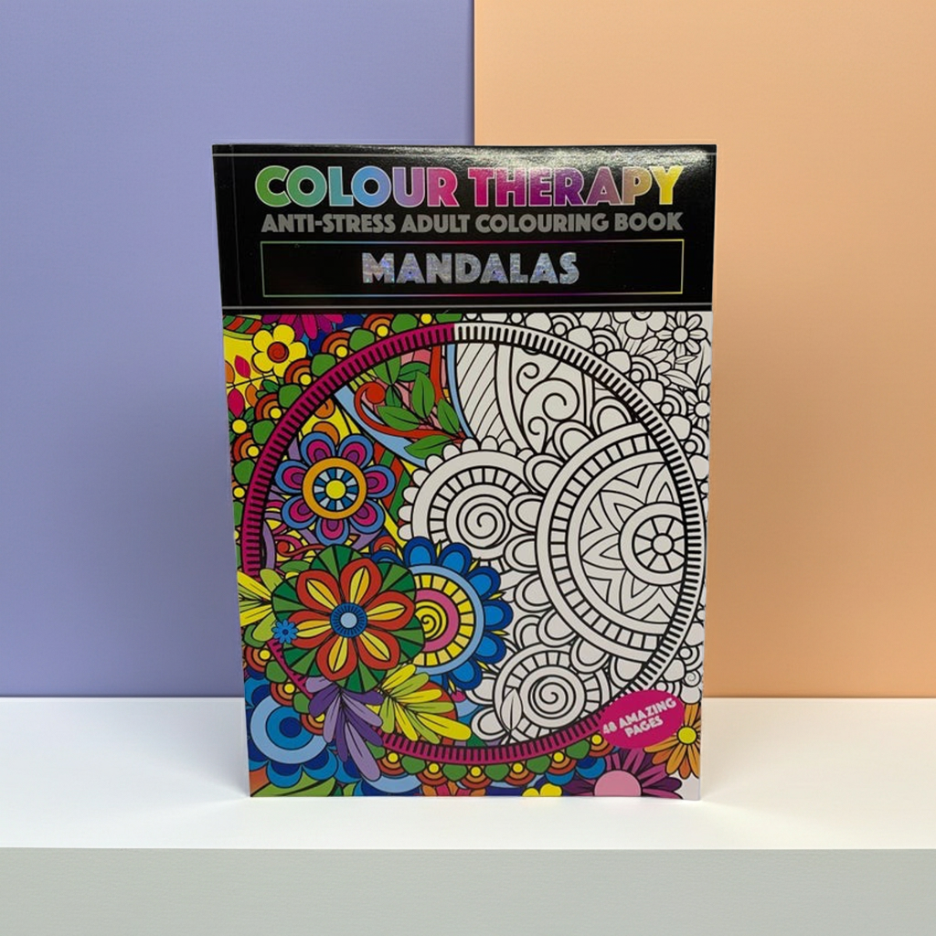 Colour Therapy anti-stress adult coloring book with mandala designs on a two-tone background