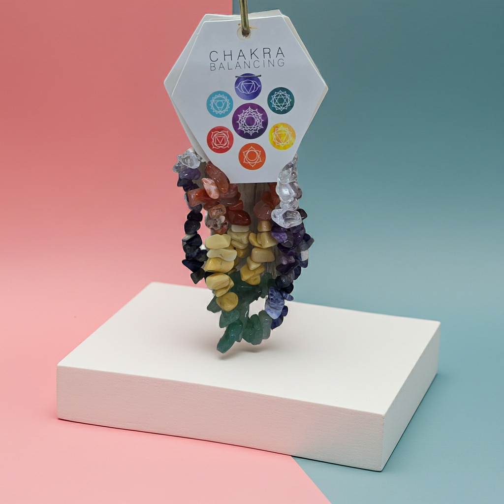 Colourful energy small stone bracelet with a 'Chakra Balancing' card on a gradient background