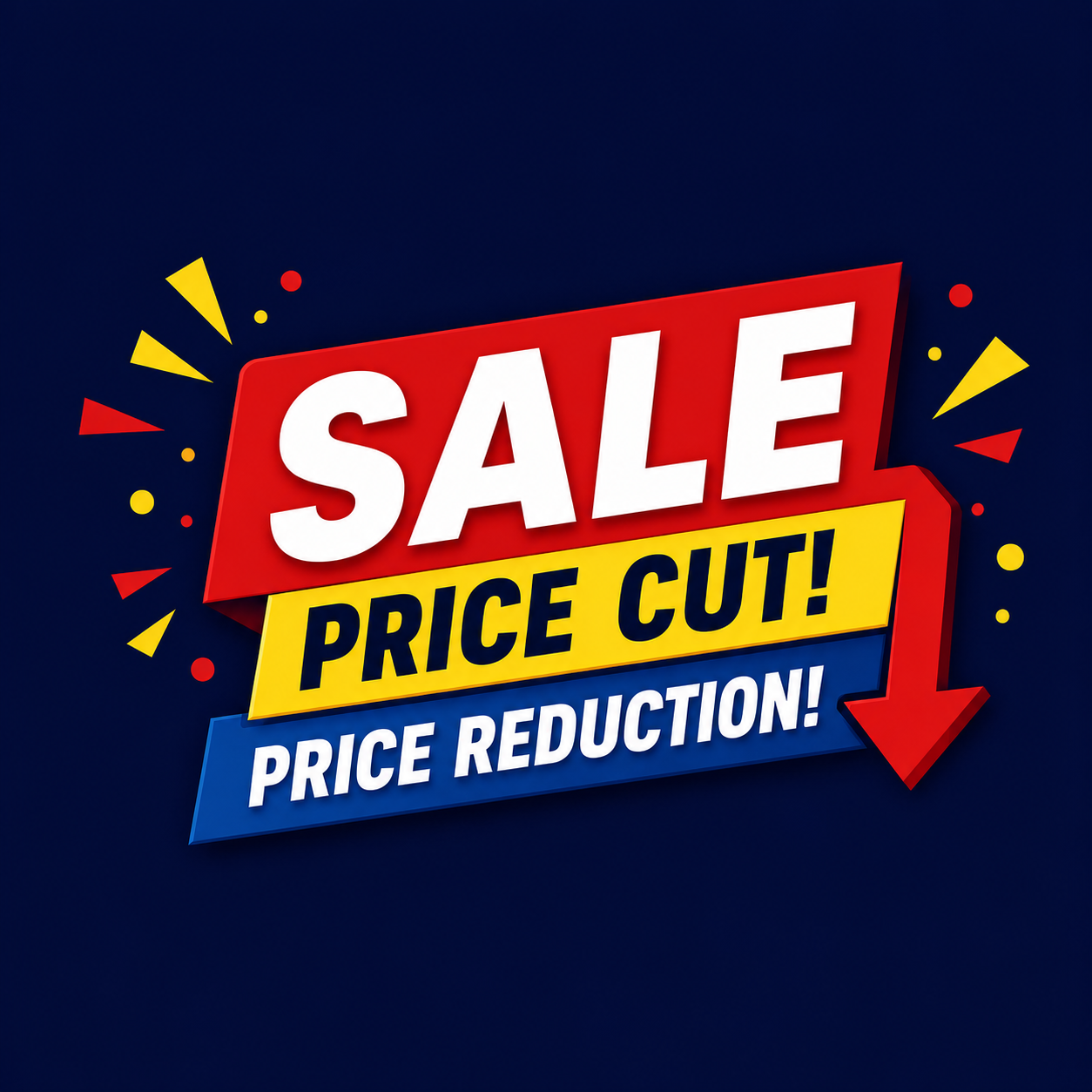 A bold promotional sale graphic on a dark navy background, with layered red, yellow, and blue ribbon shapes reading “SALE,” “PRICE CUT!,” and “PRICE REDUCTION!” plus white text and small yellow/red burst accents.