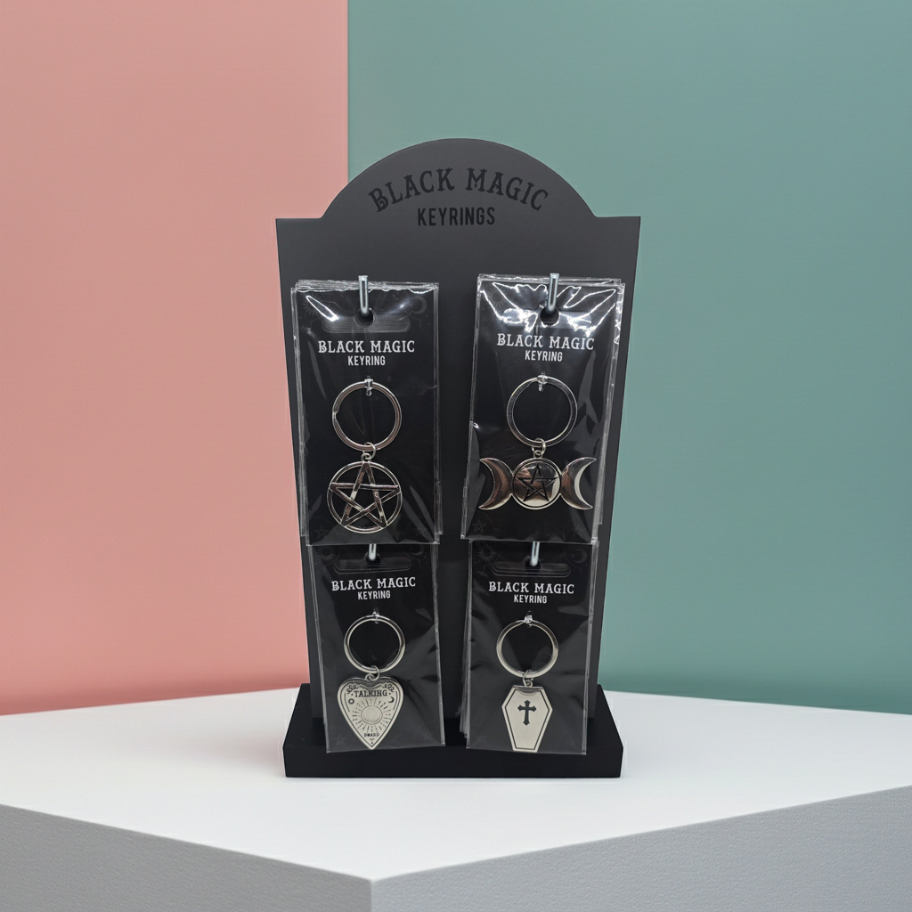 4 styles of Black Magic keyrings on a display stand against a colorful background Keyrings available include a Coffin, Planchette, Pentagram & Pentagram with moons