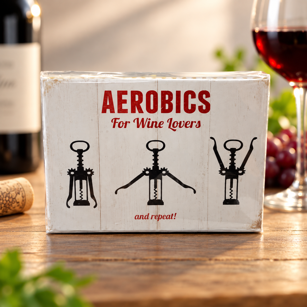A  rectangular magnet with red and black text reading 'AEROBICS For Wine Lovers and repeat!' sits on a wooden table, surrounded by wine-themed props including a bottle, glass of red wine, grapes, and a cork. The box features three black corkscrew illustrations.