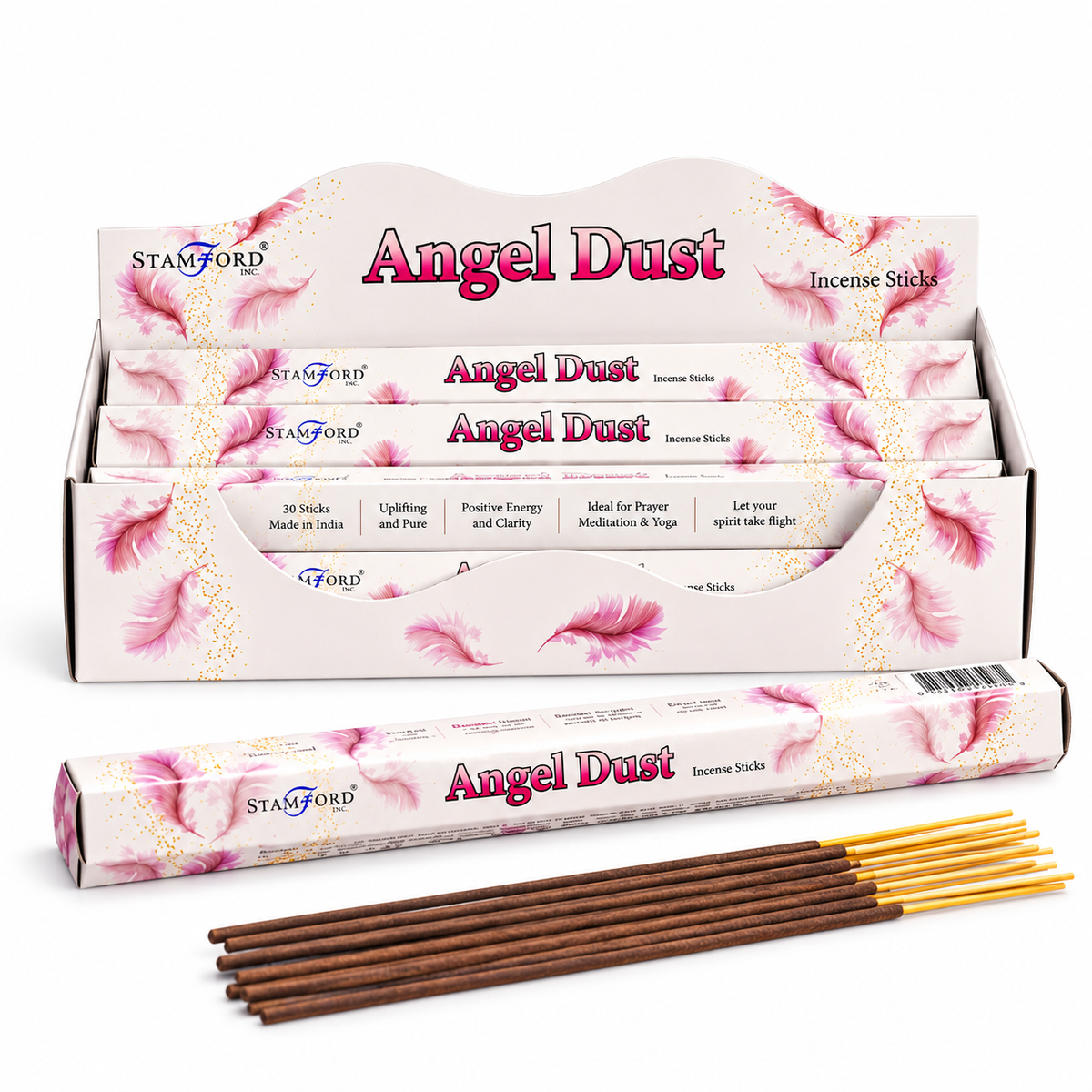 A display box and individual package of Stamford Angel Dust incense sticks, with several incense sticks placed in front on a clean white background.