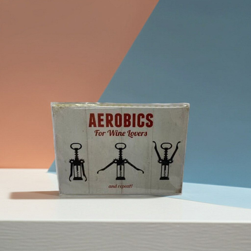 Rectangle, beige magnet with the words "Aerobics for wine lovers" written in red writing with a black bottle opener in 3 different positions