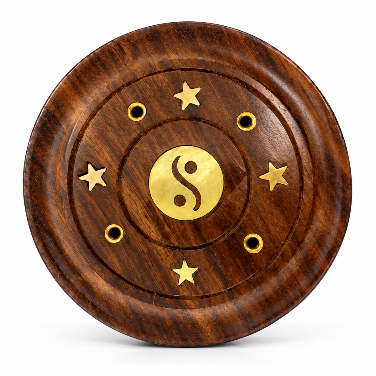 A round wooden incense stand and ash collector with a dark brown wood grain finish, featuring a central gold-toned yin-yang symbol surrounded by four gold stars and six small circular cutouts, shown on a white background.