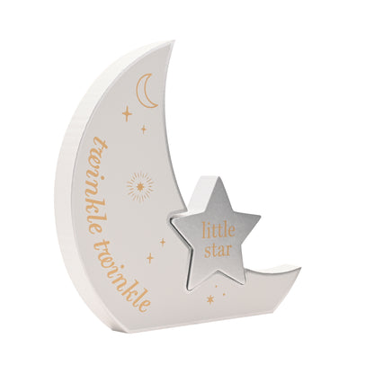 Decorative moon and star with 'twinkle twinkle' and 'little star' text on a white background