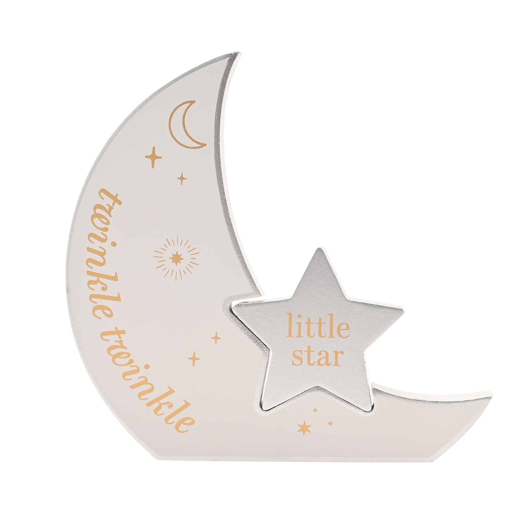 Decorative moon and star with 'twinkle twinkle little star' text on a white background