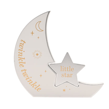 Decorative moon and star with 'twinkle twinkle little star' text on a white background