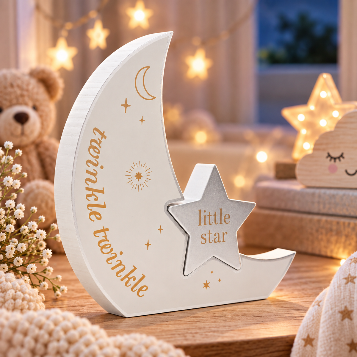 A decorative wooden crescent moon and star  with gold lettering reading 'twinkle twinkle ' and a removable star in the centre reading 'little star'. It is styled on a wooden surface with warm fairy lights, a teddy bear, and cozy nursery decor in the background.