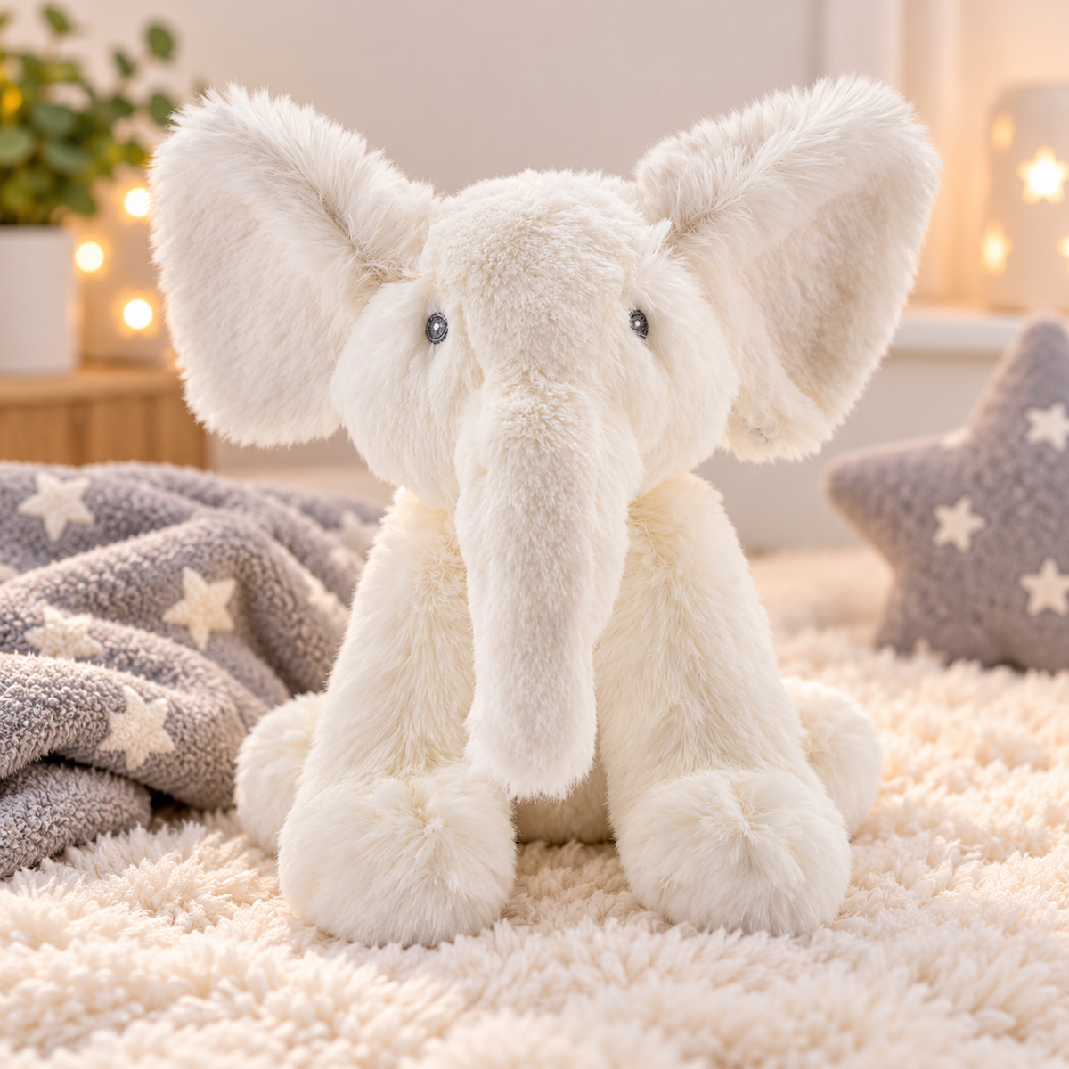 A fluffy cream-colored plush elephant toy sitting on a soft cream rug, with a gray star-patterned blanket and cozy room decor softly blurred in the background.