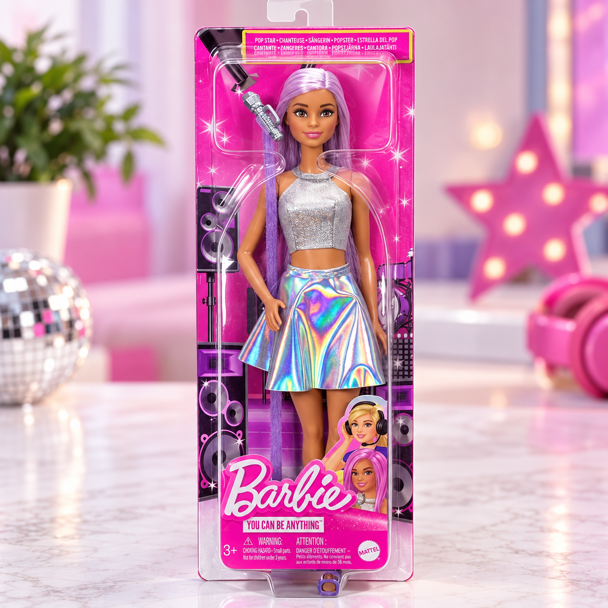A Barbie toy doll in retail packaging, standing on a clear plastic display. The doll has long lavender hair and is wearing a shiny silver crop top and an iridescent holographic mini skirt, with a microphone accessory attached.