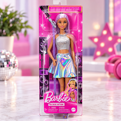 A Barbie toy doll in retail packaging, standing on a clear plastic display. The doll has long lavender hair and is wearing a shiny silver crop top and an iridescent holographic mini skirt, with a microphone accessory attached.