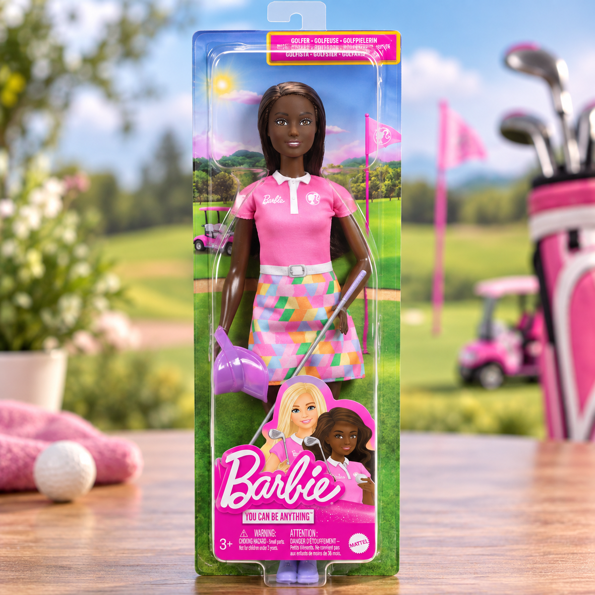 Barbie golf doll in its original retail packaging, standing on a wooden table with a blurred golf course background.