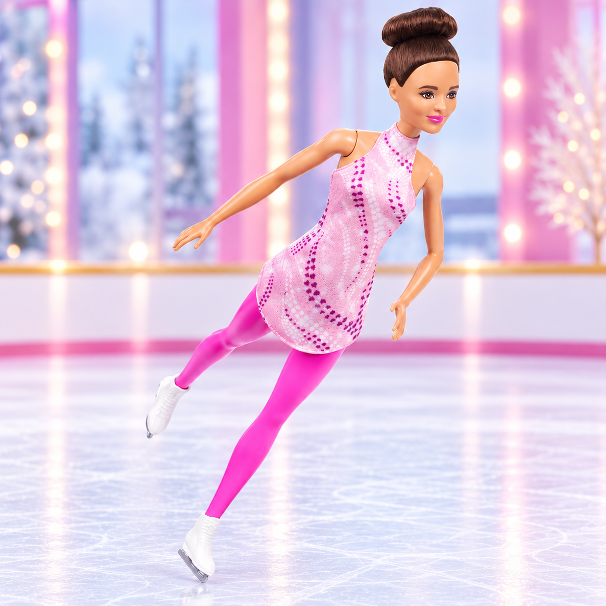 A fashion doll with brown hair in a bun skates on an ice rink wearing a pink sleeveless dress with darker pink polka dots and bright pink tights.