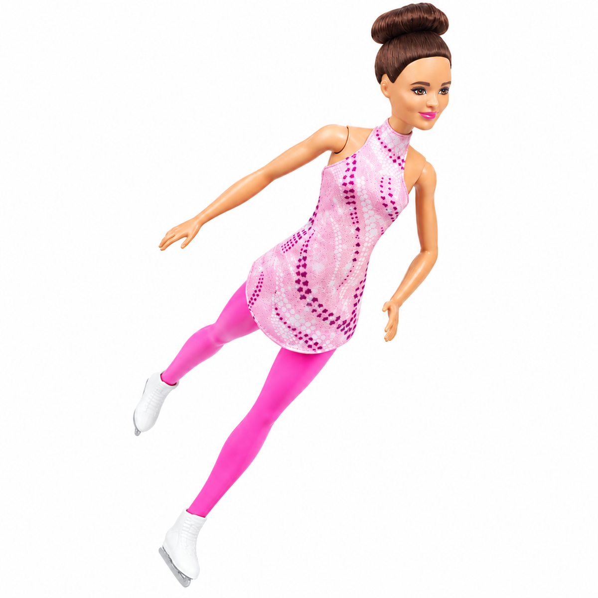 A fashion doll with brown hair in a bun, wearing a pink patterned halter dress, hot pink tights, and white ice skates, posed against a solid white background.