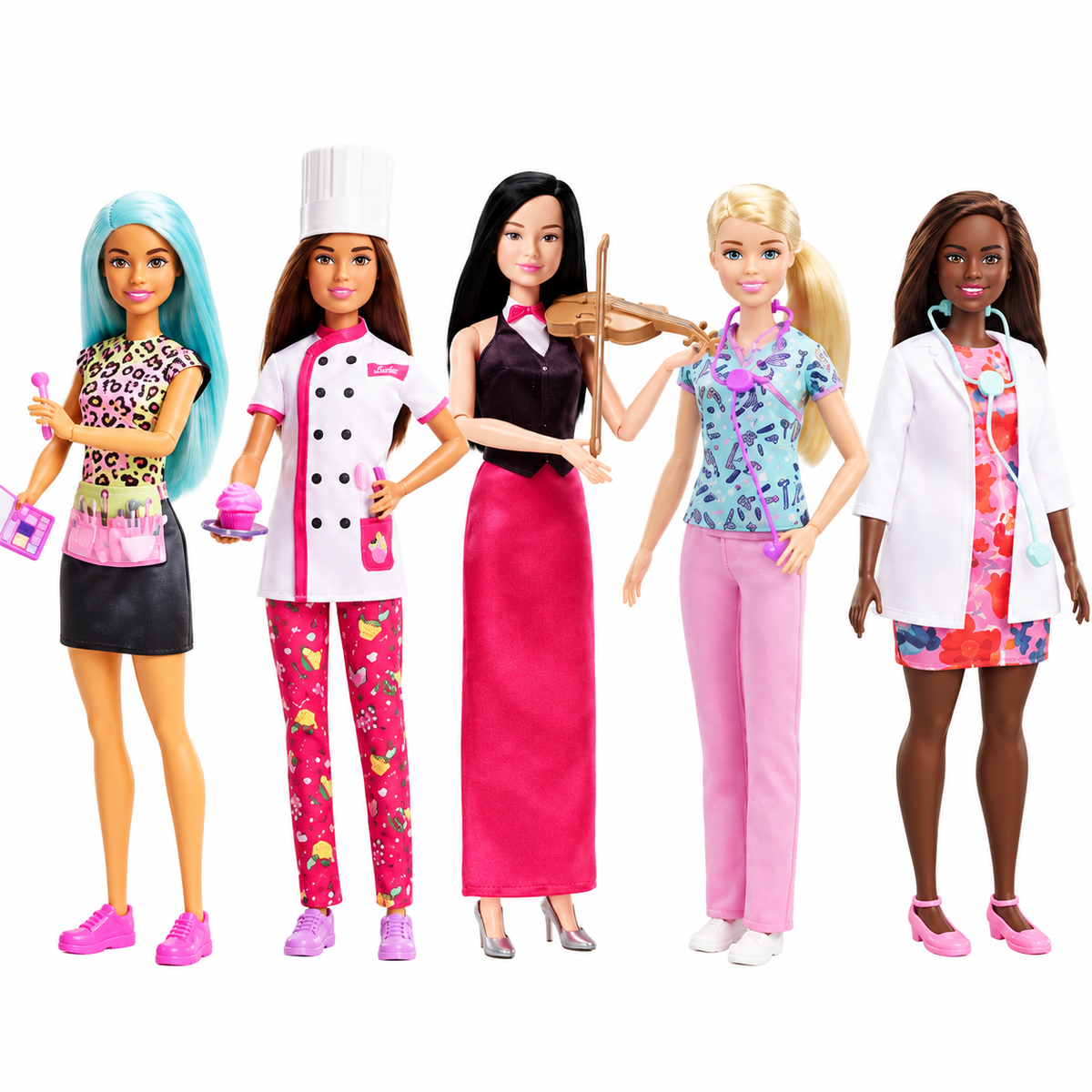 Four Barbie-style dolls standing side by side in colorful outfits: one with blue hair in a cafe outfit, one in a chef uniform, one in a restaurant dress, and one in medical scrubs.