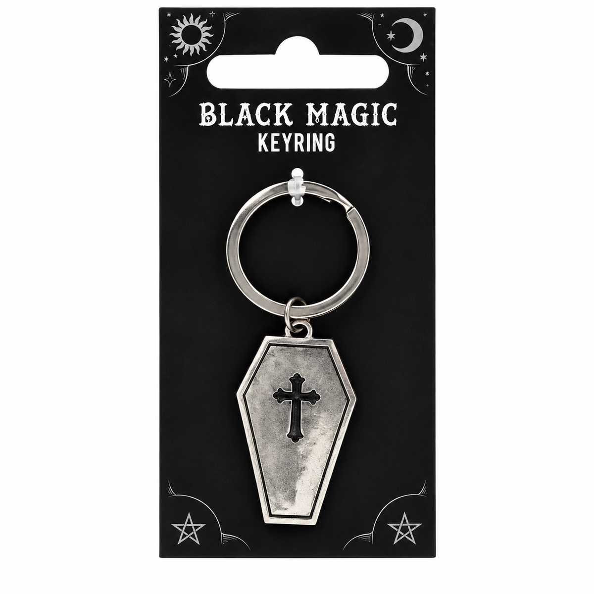 A silver coffin-shaped keyring charm with a black cross, attached to a metal key ring and displayed on a black backing card labeled 'BLACK MAGIC KEYRING' with occult-style symbols.