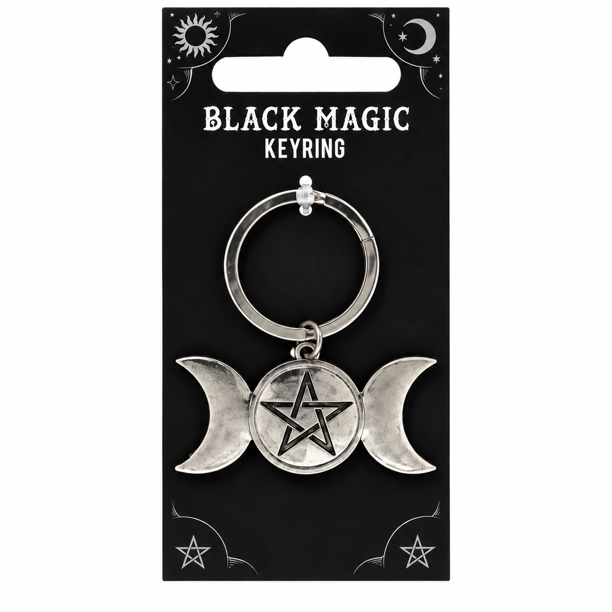 A silver-toned metal keyring with a triple moon and pentagram design, displayed on a black backing card labeled 'BLACK MAGIC KEYRING'.