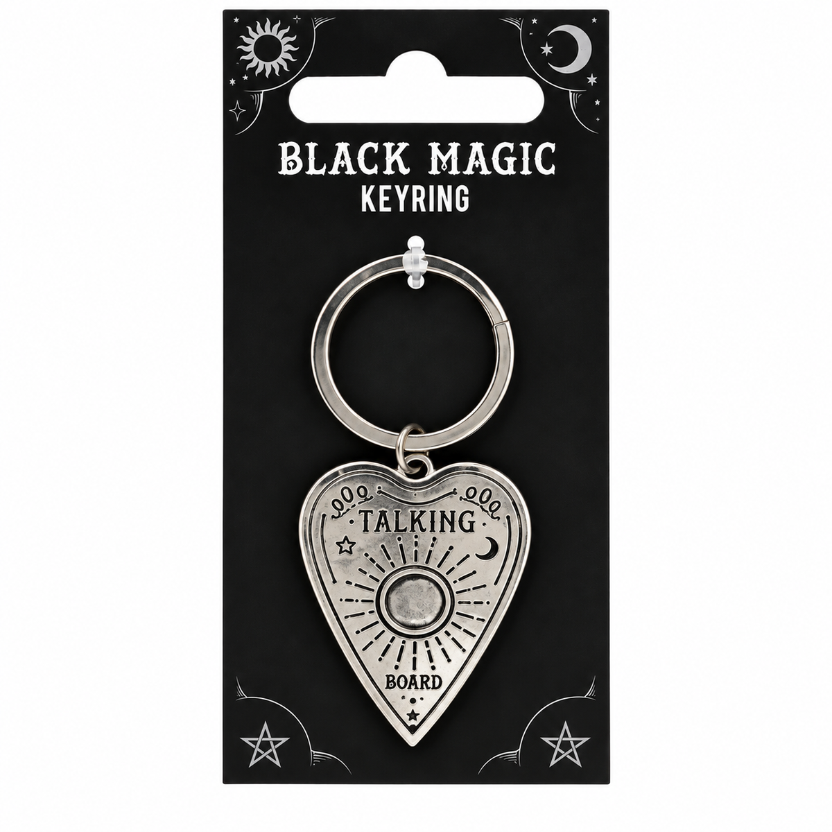A silver metal keyring with a heart-shaped pendant featuring a board game board design and the words 'TALKING BOARD' and '4000', displayed on a black backing card labeled 'BLACK MAGIC KEYRING'.