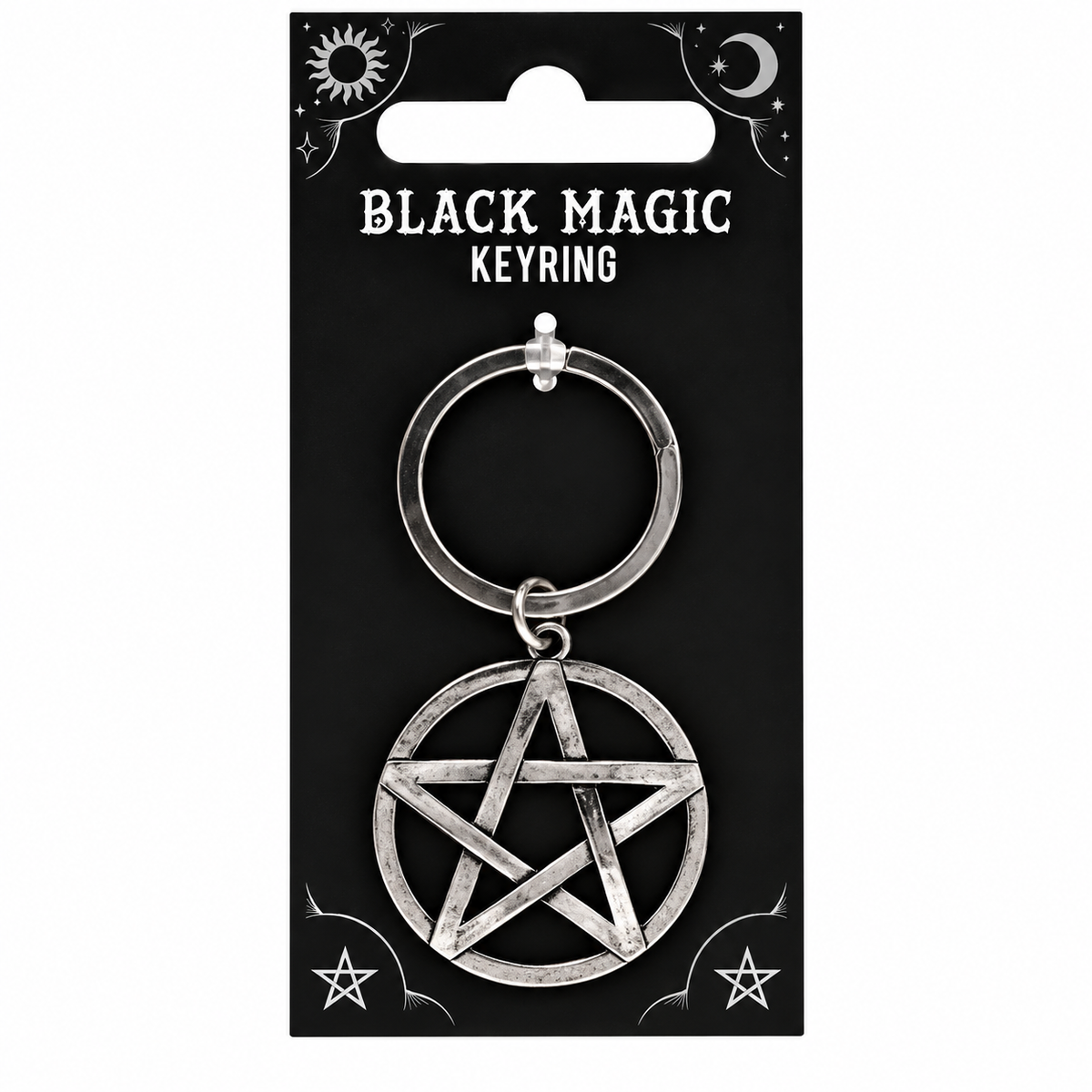 A silver-toned metal keyring with a pentagram pendant, mounted on a black retail card labeled 'BLACK MAGIC KEYRING' with moon and star graphics.
