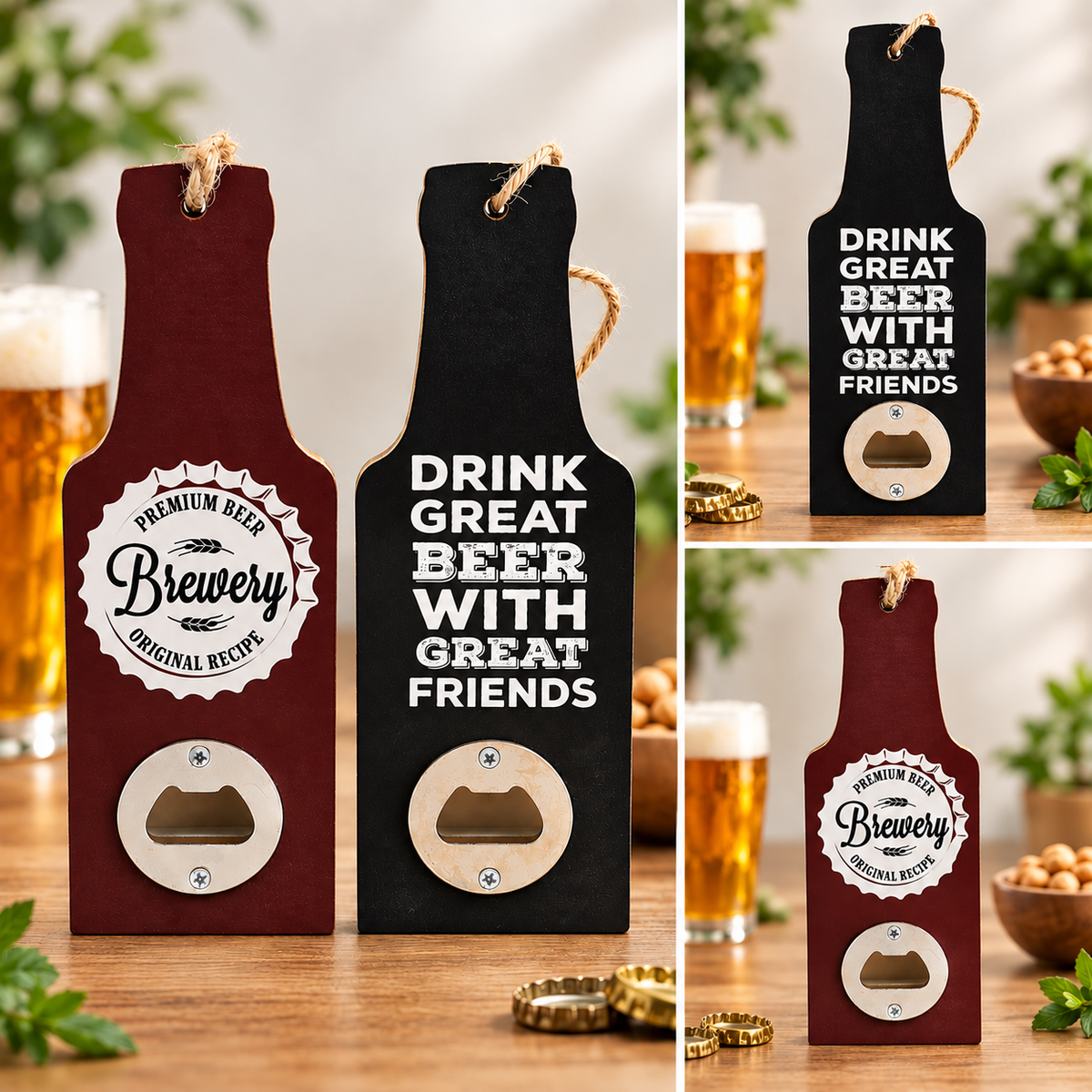 Three views of a wooden bottle opener shaped like a beer bottle, shown on a tabletop with beer glasses, herbs, and bowl props. The left and center views show the product front-facing: one in dark red with a white circular 'Premium Beer Brewery Original Recipe' label and a wood opener cutout, and one in black with white text reading 'DRINK GREAT BEER WITH GREAT FRIENDS.