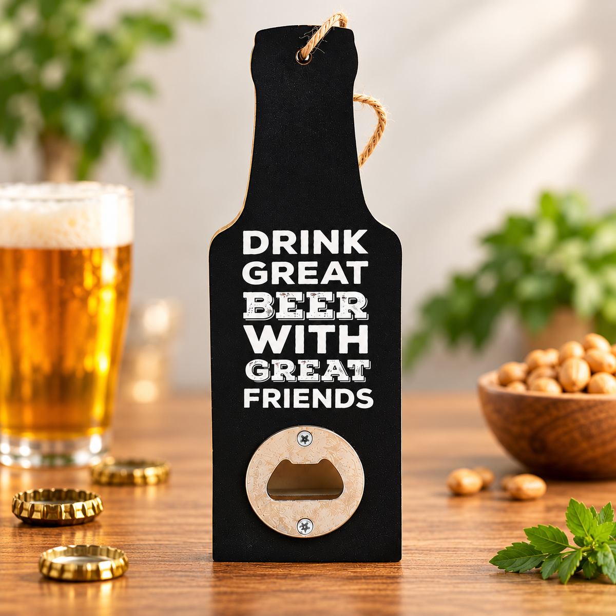 A black wooden bottle-shaped opener with white text reading 'DRINK GREAT BEER WITH GREAT FRIENDS' and a natural wood bottle-cap opener section at the bottom, shown on a wooden table with beer, nuts, and herbs in a styled setting.