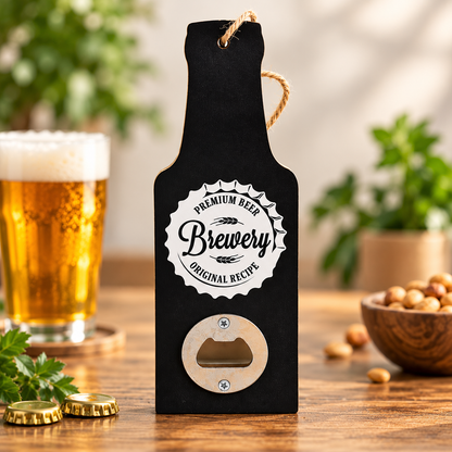 A black bottle-shaped bottle opener with a rope loop and a circular 'Premium Beer Brewery Original Recipe' label, shown on a wooden table with a glass of beer, bottle caps, and nuts in a softly blurred setting.