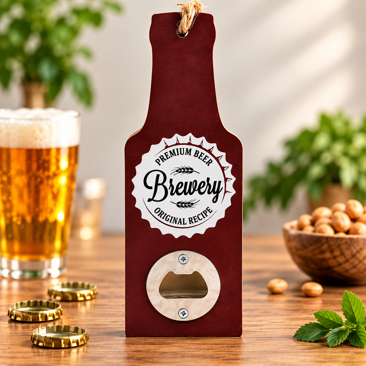A bottle-shaped beer-themed bottle opener made of dark red leather with a silver metal cutout on the front. It is styled on a wooden table with a glass of beer, bottle caps, nuts, and mint leaves.