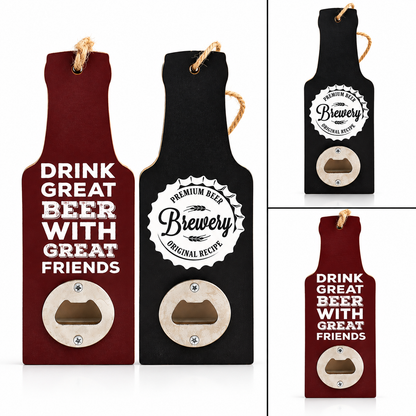 Three bottle-shaped bottle openers shown on a white background, including two large views of one colorway and one smaller view of another. The openers are designed to look like beer bottles with rope loops at the neck and a circular bottle-cap-shaped cutout.