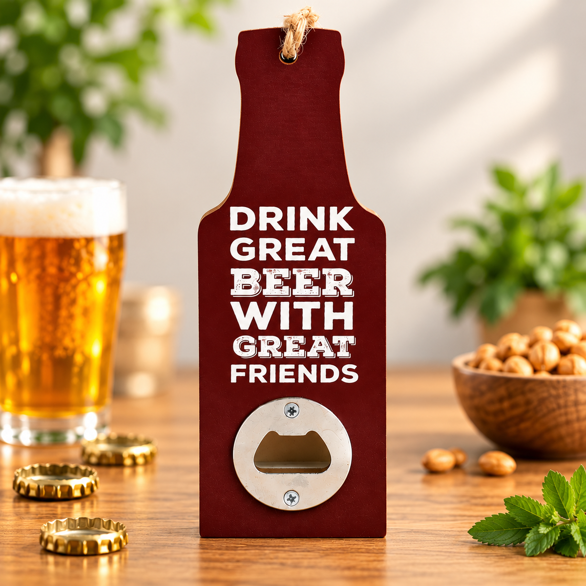 A wooden bottle opener shaped like a beer bottle, standing on a wooden table. The bottle body is dark red-brown with white text reading 'DRINK GREAT BEER WITH GREAT FRIENDS' and a silver metal opener cutout at the bottom.