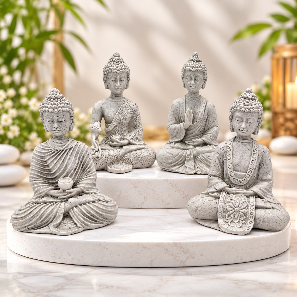 Four gray Buddha statue figurines in various seated meditation poses, arranged on two round white marble-look pedestals against a softly blurred indoor background with greenery and candles.