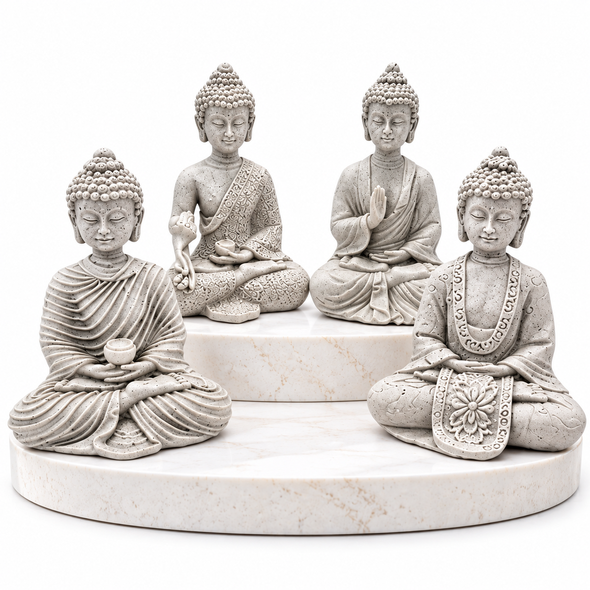 Four grey Buddha statue figurines in various seated meditation poses, arranged on two round white marble-look pedestals against a White Background