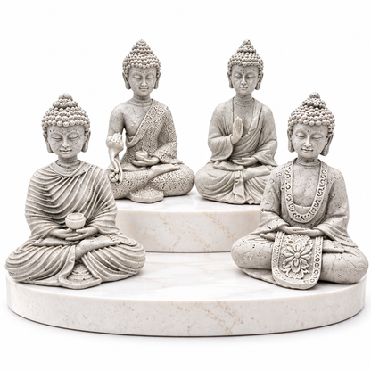 Four grey Buddha statue figurines in various seated meditation poses, arranged on two round white marble-look pedestals against a White Background