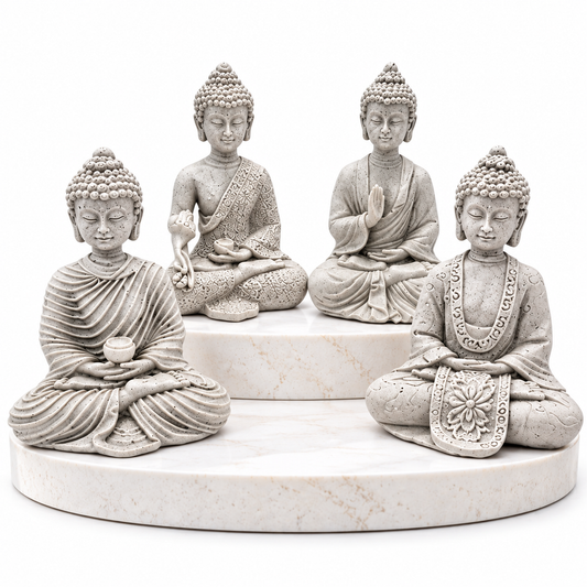 Four grey Buddha statue figurines in various seated meditation poses, arranged on two round white marble-look pedestals against a White Background