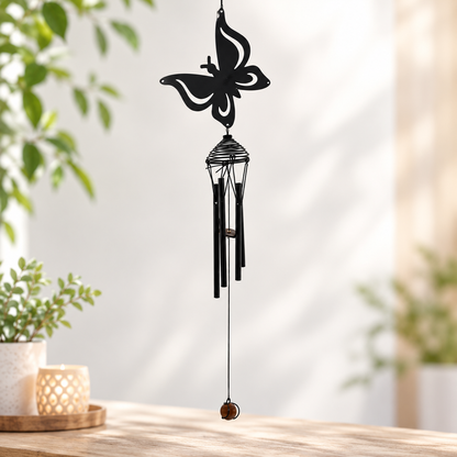 A black metal butterfly wind chime hanging from a wooden table in a softly lit indoor setting with blurred green plants in the background.