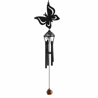 Black metal wind chime with a butterfly-shaped top, hanging tubes, and a hanging bell, shown against a plain white background.