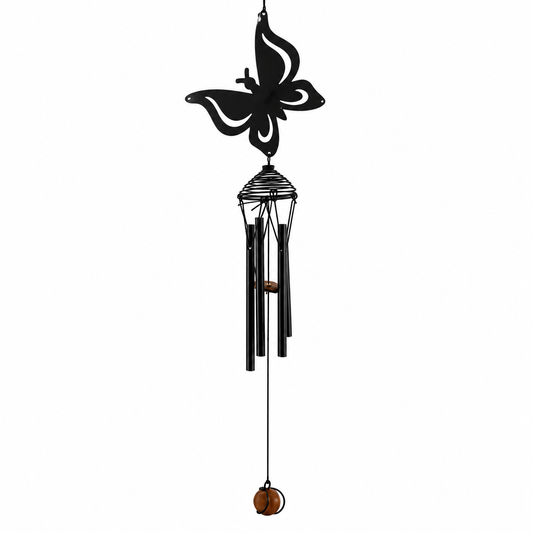 Black metal wind chime with a butterfly-shaped top, hanging tubes, and a hanging bell, shown against a plain white background.