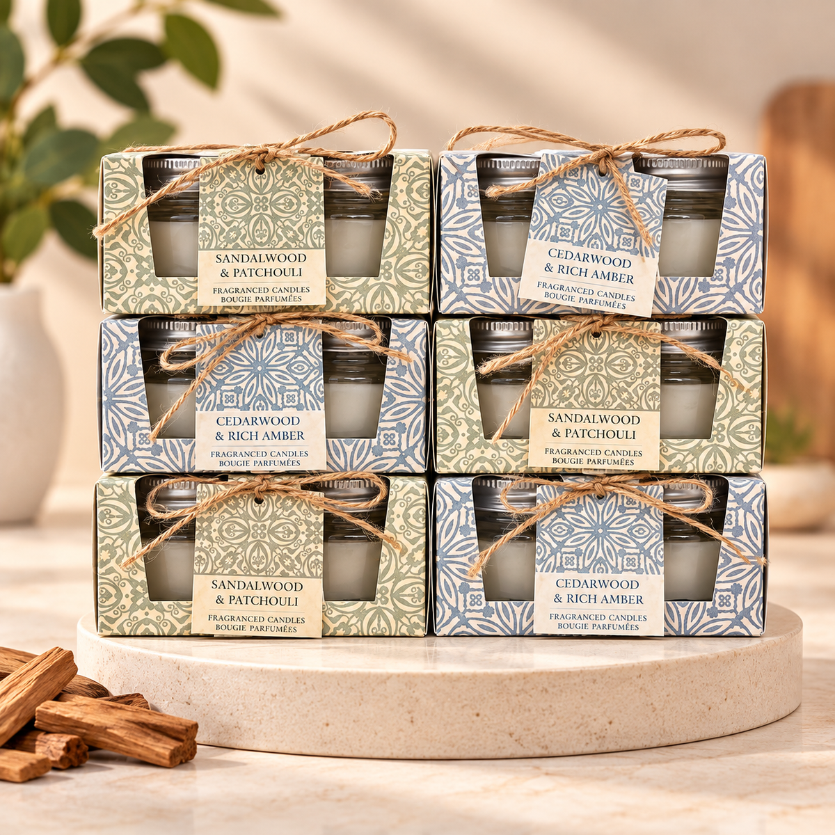 Six packaged candles arranged in a 2x3 grid on a round stone tray. Each candle is in a small glass jar with a metal lid and wrapped in a patterned box with a twine bow and a paper label.