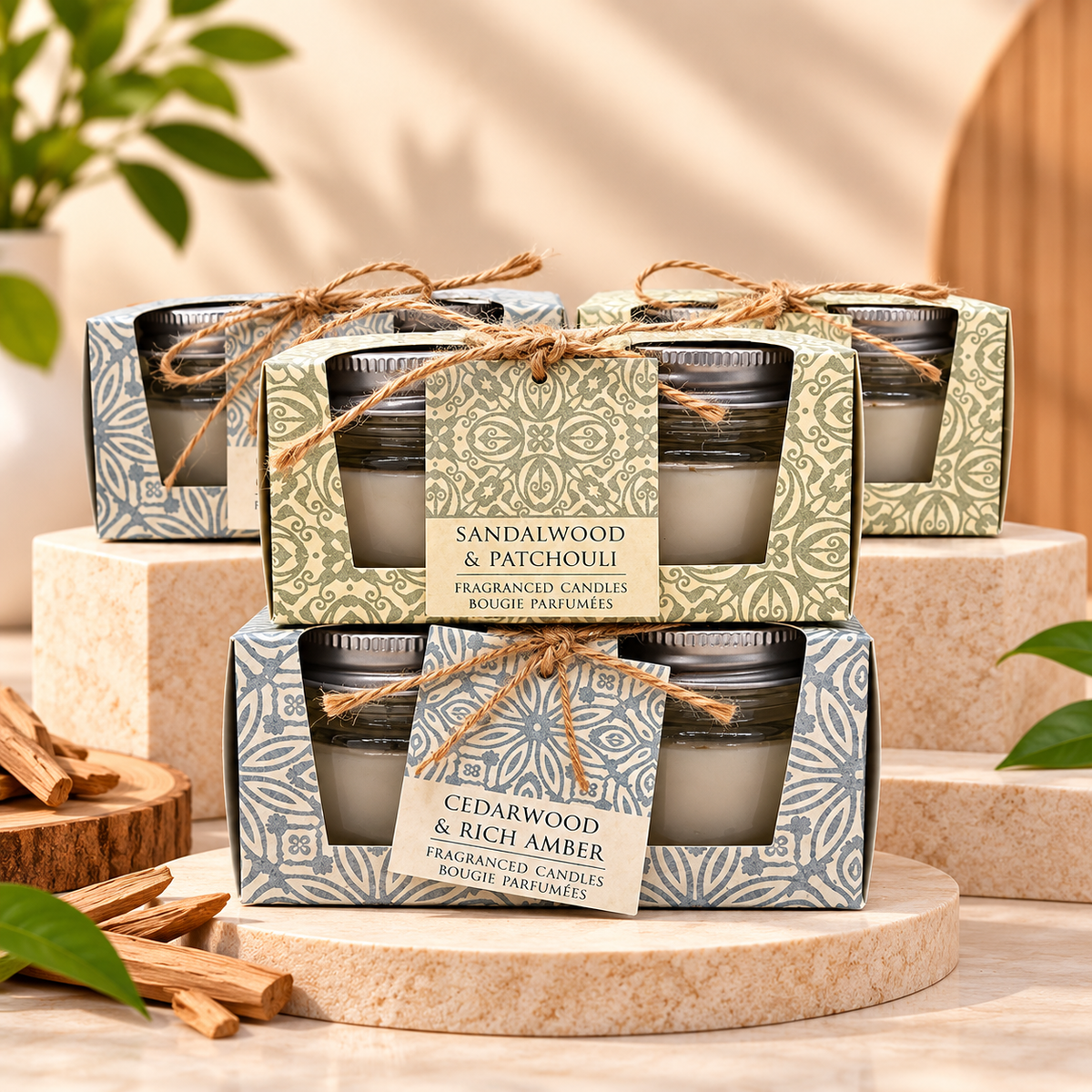 Two boxed scented candles are displayed on stacked stone risers in a styled indoor setting. The front box is labeled Cedarwood & Rich Amber, and the rear box is labeled Sandalwood & Patchouli.