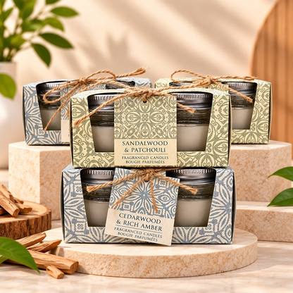 Two boxed scented candles are displayed on stacked stone risers in a styled indoor setting. The front box is labeled Cedarwood & Rich Amber, and the rear box is labeled Sandalwood & Patchouli.