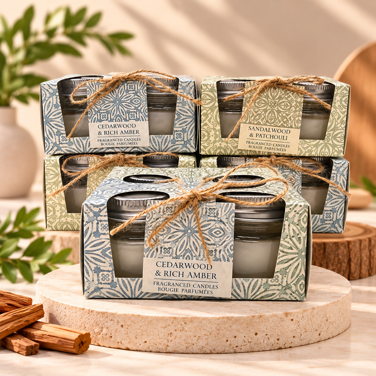 Four boxed fragrance candles arranged on a round stone pedestal. The candles are in clear-fronted boxes with blue and beige patterned wrapping, tied with twine, and labeled Cedarwood & Rich Amber and Sandalwood & Patchouli.