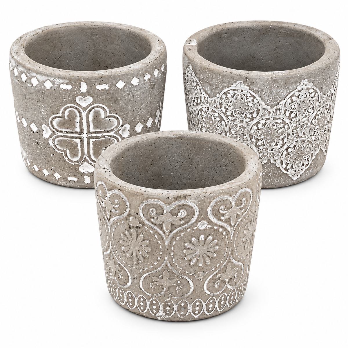 Three gray concrete candle holders with white laser-etched decorative patterns, arranged on a clean white background.